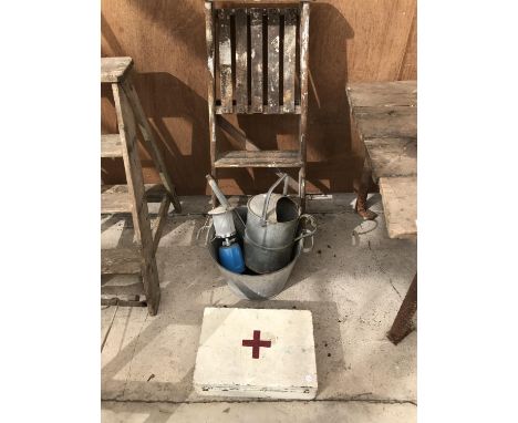 A TWO STEP WOODEN STEP LADDER, A GALVANISED TWO HANDLED TUB, A GALVANISED WATERING CAN AND A VINTAGE FIRST AID KIT ETC 