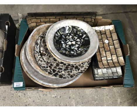 A BOX OF ASSORTED LACQUERED MOTHER OF PEARL STYLE SERVING TRAYS / DISHES (QTY) 