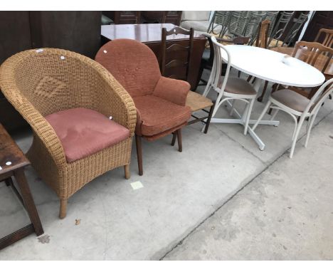 SIX ITEMS - A WICKER ARMCHAIR, A RETRO ARMCHAIR, AN OAK LADDER BACK DINING CHAIR WITH RUSH SEAT AND A WHITE DINING TABLE AND 