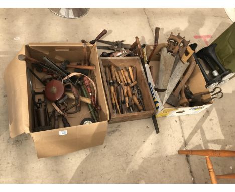 VINTAGE TOOLS TO INCLUDE A STANLEY PLANE, WOOD CHISELS, SAWS, G CLAMP, HAMMERS ETC 