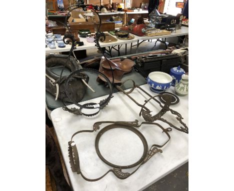 THREE ASSORTED VINTAGE CAST METAL GARDEN HANGING LANTERN FRAMES 