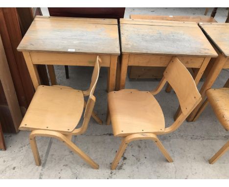 TWO VINTAGE SCHOOL DESKS AND TWO MATCHING CHAIRS 