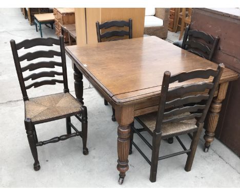 AN OAK DRAW LEAF DINING TABLE AND FOUR LADDER BACK OAK DINING CHAIRS WITH RUSH SEATS 