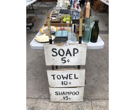 A VINTAGE STYLE 'SOAP, TOWEL, SHAMPOO' SHOP DISPLAY SIGN 
