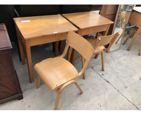 TWO VINTAGE SCHOOL DESKS AND TWO MATCHING CHAIRS 