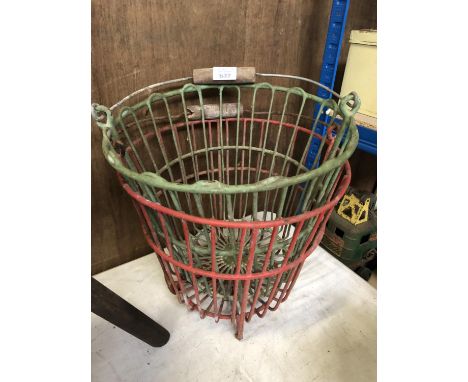 TWO VINTAGE EGG BASKETS, ONE RED, ONE GREEN 