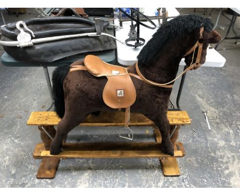 A MODERN 'MAMAS AND PAPAS' SOFT TOY CHILDREN'S ROCKING HORSE MODEL ON WOODEN BASE 