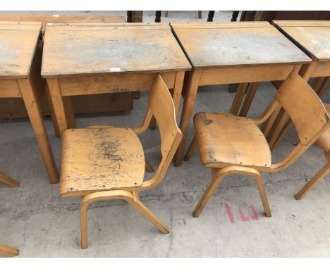 TWO VINTAGE SCHOOL DESKS AND TWO MATCHING CHAIRS 