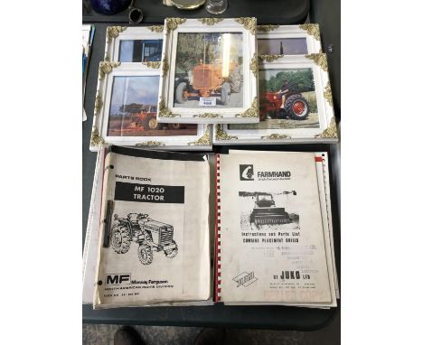 A MIXED GROUP OF VINTAGE TRACTOR PARTS BOOKS, FRAMED TRACTOR PHOTOS ETC 
