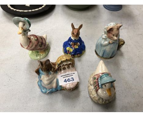 FIVE BEATRIX POTTER CERAMIC FIGURES - TWO BESWICK, TWO ROYAL ALBERT AND ONE ROYAL DOULTON, ALL BROWN BACKSTAMPS 