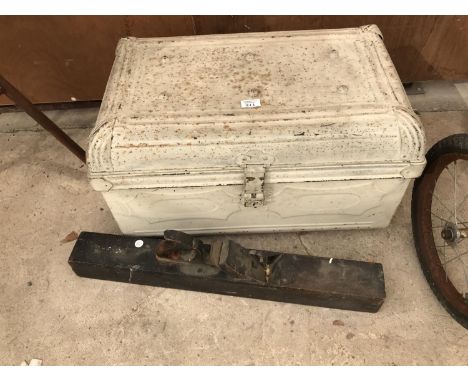 A VINTAGE CREAM PAINTED METAL TRUNK 64CM X 38CM X38CM AND A LARGE WOODEN PLANE 