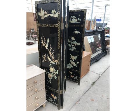 A BLACK LACQUERED FOR SECTION ORIENTAL DRESSING SCREEN WITH MOTHER OF PEARL DECORATION 