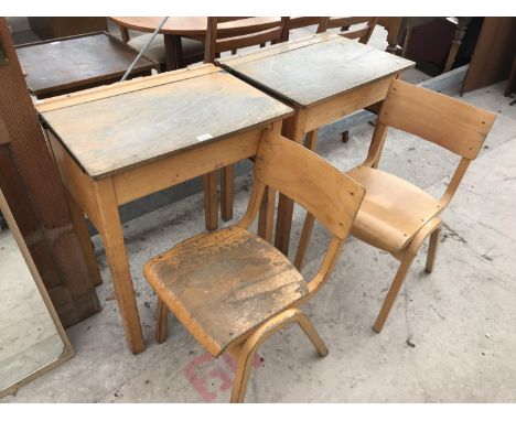 TWO VINTAGE SCHOOL DESKS AND TWO MATCHING CHAIRS 