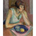 Anta Rupflin. „Frau am Tisch sitzend mit blauer Schale“. Um 1925/30