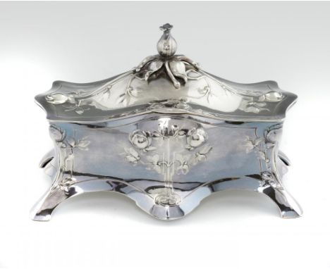 A WMF JUGENDSTIL SILVER PLATED FLOWER CASKET, C1905  lined in blue plush, 23.5cm l, stamped marks Design No 28 in the WMF Cat
