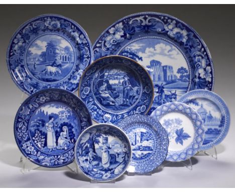 EIGHT BLUE PRINTED EARTHENWARE PLATES, MINIATURE PLATES AND SAUCERS, C1820 including Spode, John &amp; Richard Riley and Pine