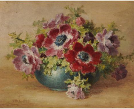 oFREDERICK HERBERT CHIVERS (WORCESTER &amp; COALPORT PORCELAIN PAINTER) (1881-1965) A BOWL OF ANEMONES signed, oil on board, 