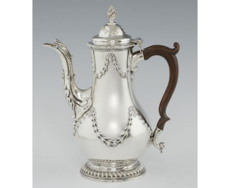 A GEORGE III GADROONED SILVER COFFEE POT  chased with festoons and paterae, 28cm h, by Richard Morson and Benjamin Stephenson
