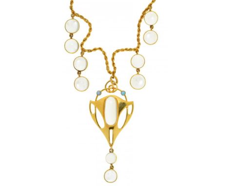 A GERMAN JUGENDSTIL MOONSTONE, OPAL AND GOLD PENDANT AND NECKLET FOR MURRLE, BENNETT &amp; CO, LONDON, C1905  39.5cm l, maker