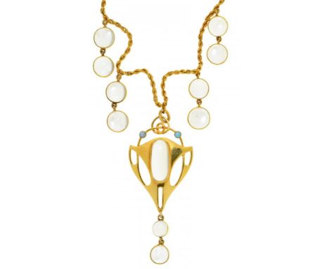 A GERMAN JUGENDSTIL MOONSTONE, OPAL AND GOLD PENDANT AND NECKLET FOR MURRLE, BENNETT &amp; CO, LONDON, C1905  39.5cm l, maker