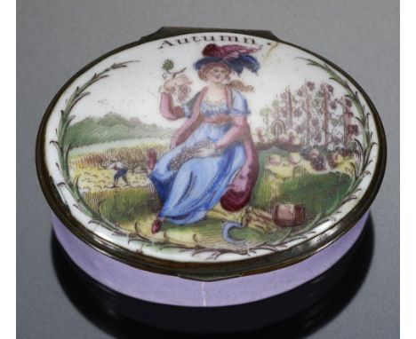 A GEORGE III SOUTH STAFFORDSHIRE ENAMEL PATCH BOX, C1780  the lid printed and painted with Autumn personified as a lady, 5.5c