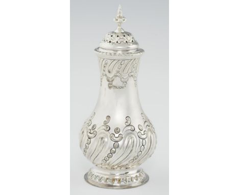 A VICTORIAN SPIRALLY LOBED BALUSTER SILVER CASTER AND THREADED  COVER  19.5cm h, by Harrison Bros &amp; Howsan, Sheffield 189