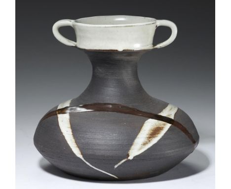 †JANET DARNELL LEACH (1918-1997) STONEWARE VASE  with two white and two brown crossing lines, 24cm h, potter's and St Ives se