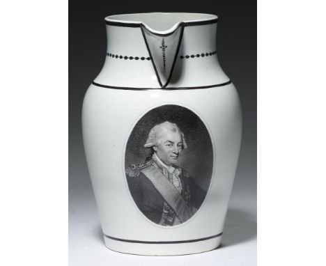 EARL OF ST VINCENT.  A   BLACK TRANSFER PRINTED PEARLWARE COMMEMORATIVE  JUG, HERCULANEUM POTTERY,  C1805-10  finely printed 
