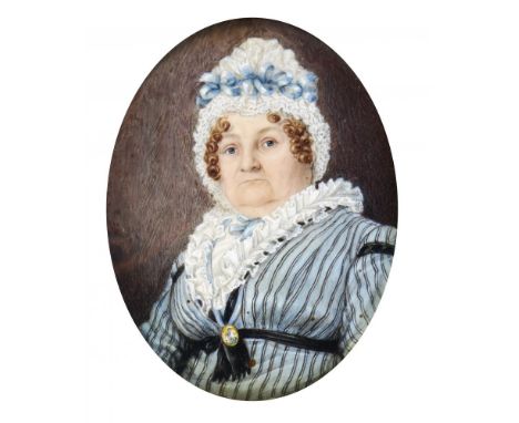 FERDINAND HENRY BISCHOFF (1820-1898)  A LADY  in striped light blue dress with collar and beribboned lace cap, ivory , oval, 