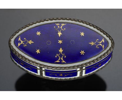 AN AUSTRO HUNGARIAN SILVER GILT AND ENAMEL SNUFF BOX  of navette shape, 5.2cm l, maker JG,  Vienna, pre 1923, 1oz 9dwts++Ligh