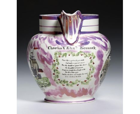 A SUNDERLAND LUSTRE JUG, 'GARRISON' POTTERY, C1830 with prints of the Wear Bridge, ships and verse, heightened in colour and 