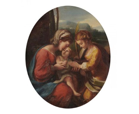 FOLLOWER OF CORREGGIO THE VIRGIN AND CHILD WITH ST ANNE oil on canvas, oval, 28 x 23cm++Lined with some localised over painti