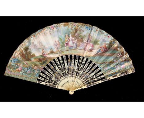 A FRENCH BONE FAN, 19TH C  the leaf painted to either side with pastoral scenes in floral borders, the gilt and silvered guar