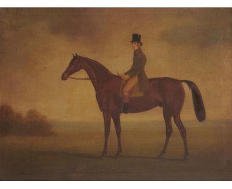 BRITISH SCHOOL EQUESTRIAN PORTRAIT OF A GENTLEMAN ON A CHESTNUT STALLION   oil on canvas, 34 x 44cm
