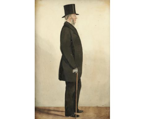 FOLLOWER OF RIGHARD DIGHTON PORTRAIT OF A GENTLEMAN  full length in profile with a walking stick, ink and watercolour, 26.5 x