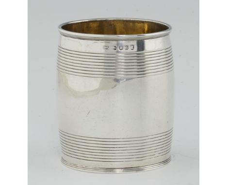 A GEORGE III BARREL SHAPED SILVER BEAKER initialled W, 8cm h, by William Abdy II, London 1802, 5ozs 4dwts++Light wear consist