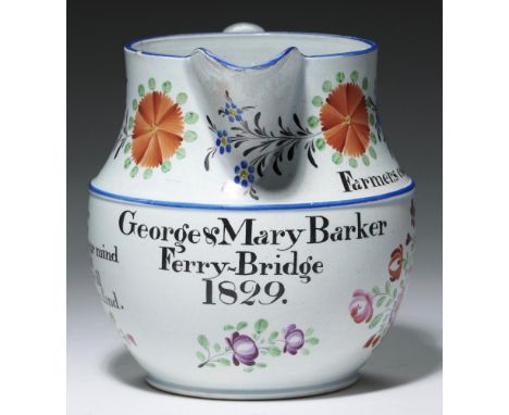 A YORKSHIRE PEARLWARE JUG DATED 1829 enamelled with stylised flowers and inscribed in black enamel George &amp; Mary Barker F