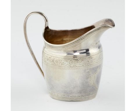 A GEORGE III OVAL ENGRAVED SILVER CREAM JUG  10cm h, by Solomon Hougham, London 1794, 3ozs 5dwts++Light wear consistent with 