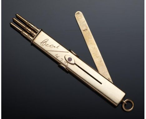 A 9CT GOLD AND ENAMEL RETRACTABLE PENCIL  incorporating a letter opener, the three pencil slides with contrasting spots of en