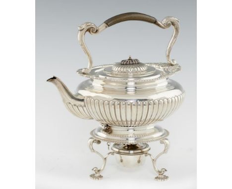AN EDWARD VII GADROONED SILVER TEA KETTLE ON LAMPSTAND  engraved with presentation inscription, 29cm h, by Elkington &amp; Co