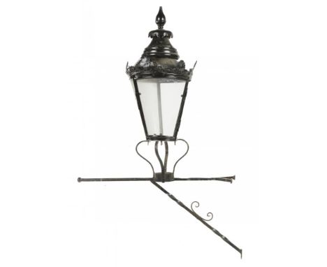 A VICTORIAN BLACK PAINTED METAL AND ZINC GAS LANTERN  80cm h, wrought iron bracket (2)++Lacking one of the glazed lights, min