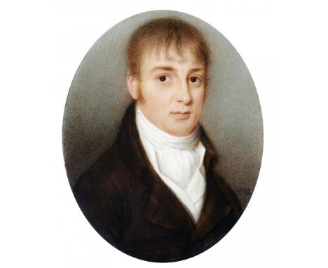 THOMAS HAZLEHURST (1740-1821) A GENTLEMAN in dark brown coat and white stock, signed with initials, ivory, oval, 6.2 x 4.8cm,