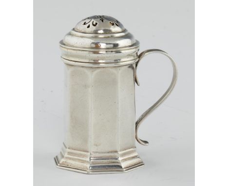A GEORGE I OCTAGONAL  SILVER KITCHEN PEPPER AND COVER  grooved strap handle, 7.5cm h, by James Goodwin, London 1722, 2ozs 12d