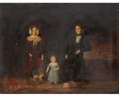 ENGLISH NAIVE ARTIST, MID 19TH CENTURY PORTRAIT OF A FAMILY OF THREE IN AN INTERIOR  oil on canvas, 33 x 43cm