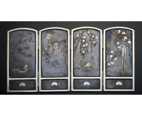 A MINIATURE JAPANESE SILVER AND SHIBUICHI FOUR FOLD SCREEN, MEIJI/TAISHO PERIOD  decorated to both sides with birds, prunus, 