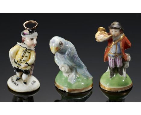 THREE CHELSEA PORCELAIN TOYS IN THE FORM OF A GALLANT, MUSICIAN AND BIRD, C1756-8  the first inscribed TOUJOURS GAY,  2.5cm h