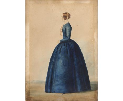 PATRICK WYBRANT (C1816-1894) PORTRAIT OF A LADY  full length in a blue dress in profile, signed (Wybrant Artist) and dated 18