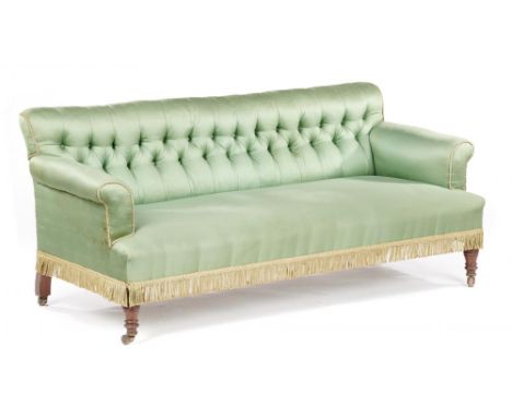 A VICTORIAN WALNUT SOFA OF UNUSUALLY SMALL PROPORTIONS, C1860  with low buttoned back, on turned forelegs with pottery castor