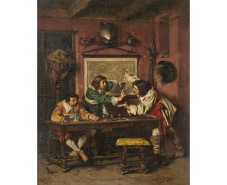 ANTONIO SALVADORE CASSANOVA Y ESTORACH (1847-1896) INTERIOR SCENE WITH THREE CAVALIERS DISPUTING TACTICS  signed, dated 1872 