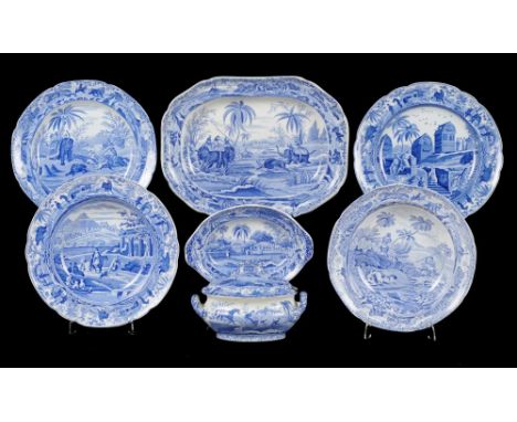 A GROUP OF SPODE BLUE PRINTED EARTHENWARE INDIAN SPORTING SERIES  WARES, C1830 various patterns, comprising sauce tureen, cov